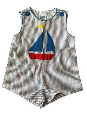 Vintage Nursery Rhyme Striped Sailboat One-Piece - Red, Blue, Yellow